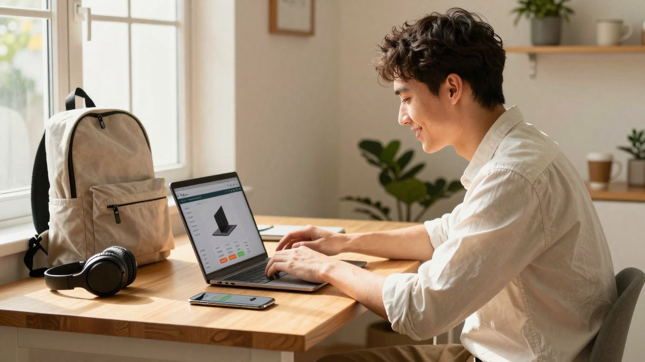 Jovem sentado à mesa usando laptop, com mochila, fone de ouvido e celular ao lado em ambiente claro e organizado.