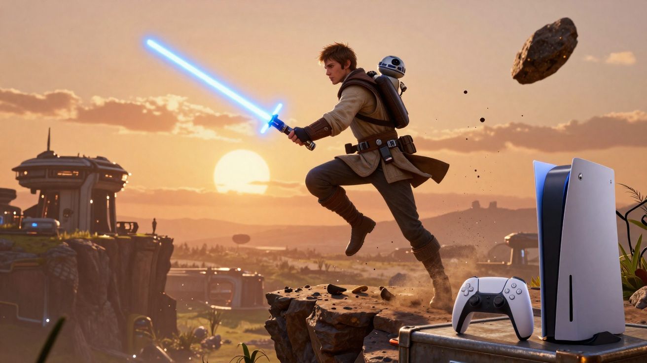 Personagem com sabre de luz azul salta entre penhascos em cenário de pôr do sol, com PlayStation 5 à frente.