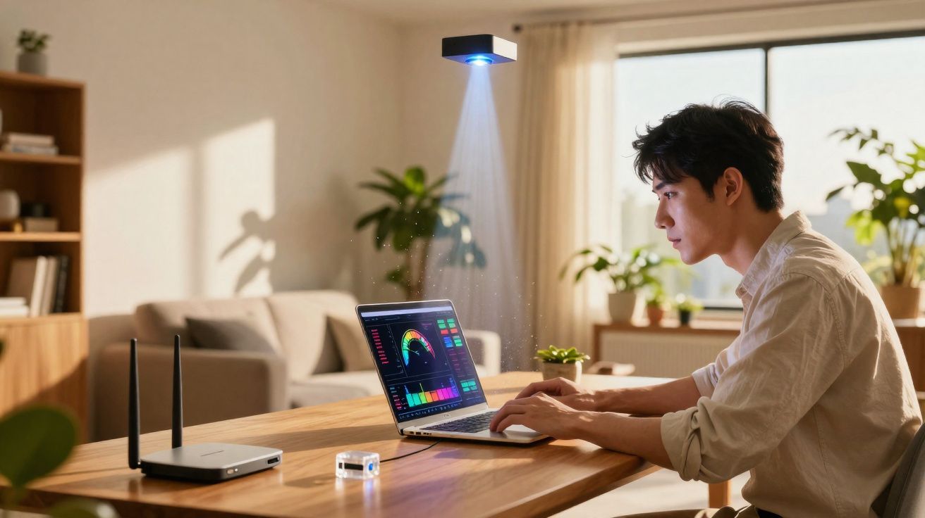 Jovem usando notebook com projetor holográfico e roteador em mesa de madeira numa sala iluminada.