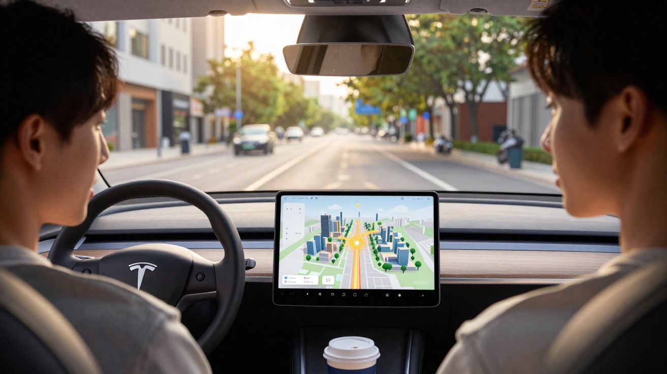 Interior de carro Tesla com duas pessoas, mostrando a tela do sistema de navegação digital.