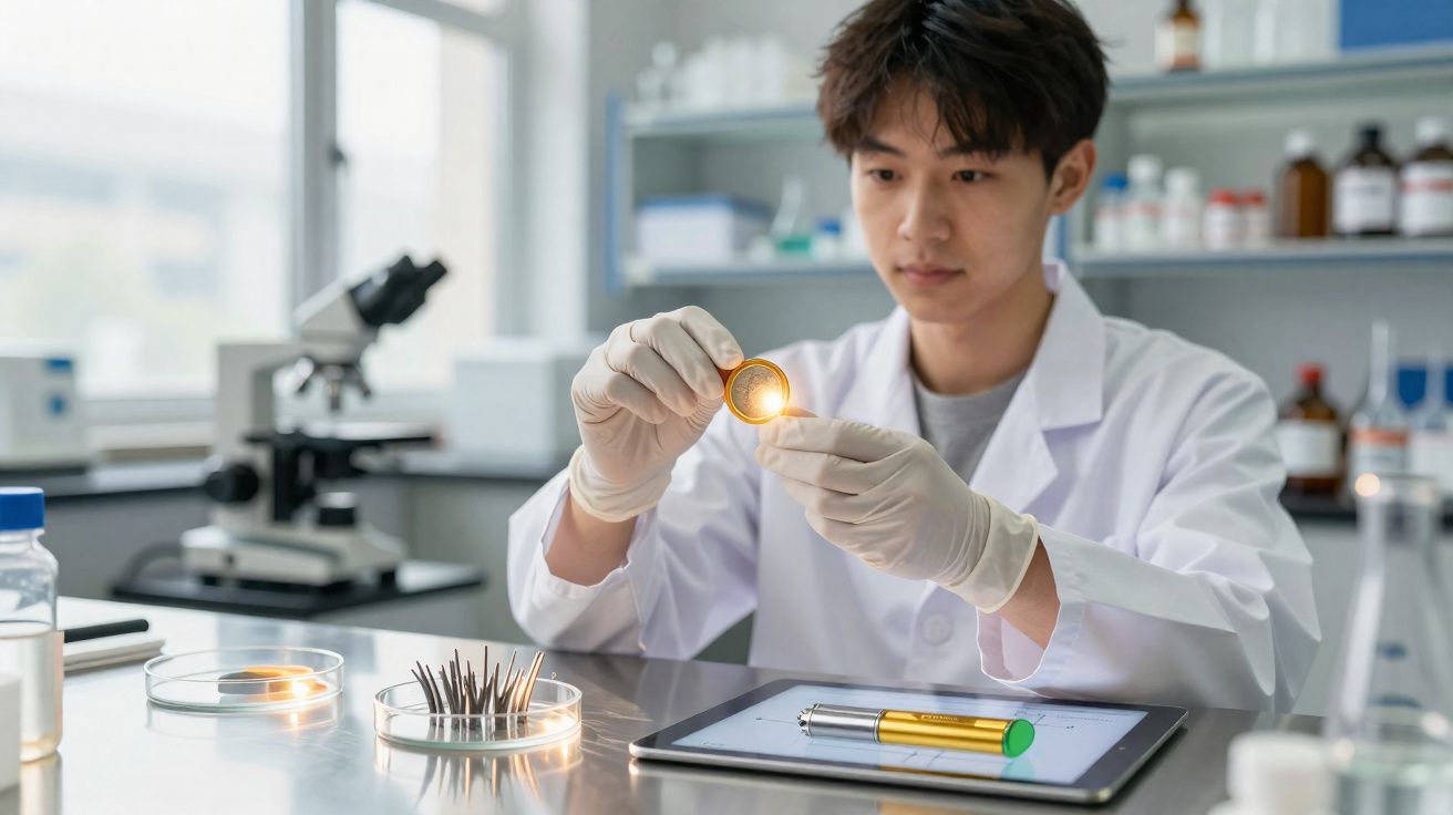 Cientista em laboratório analisando amostra iluminada dentro de petri com luvas brancas.