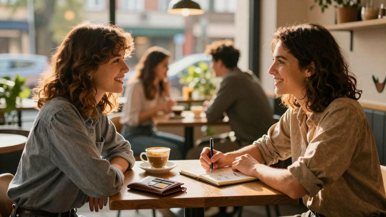 Duas mulheres sorrindo enquanto conversam e tomam café em cafeteria aconchegante durante o dia.
