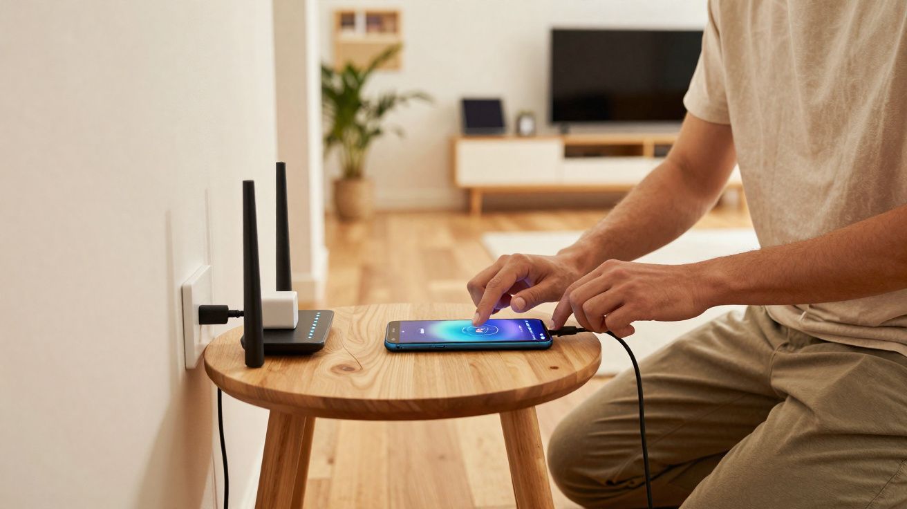 Pessoa configurando um roteador Wi-Fi próximo a uma mesa de madeira com smartphone conectado por cabo.