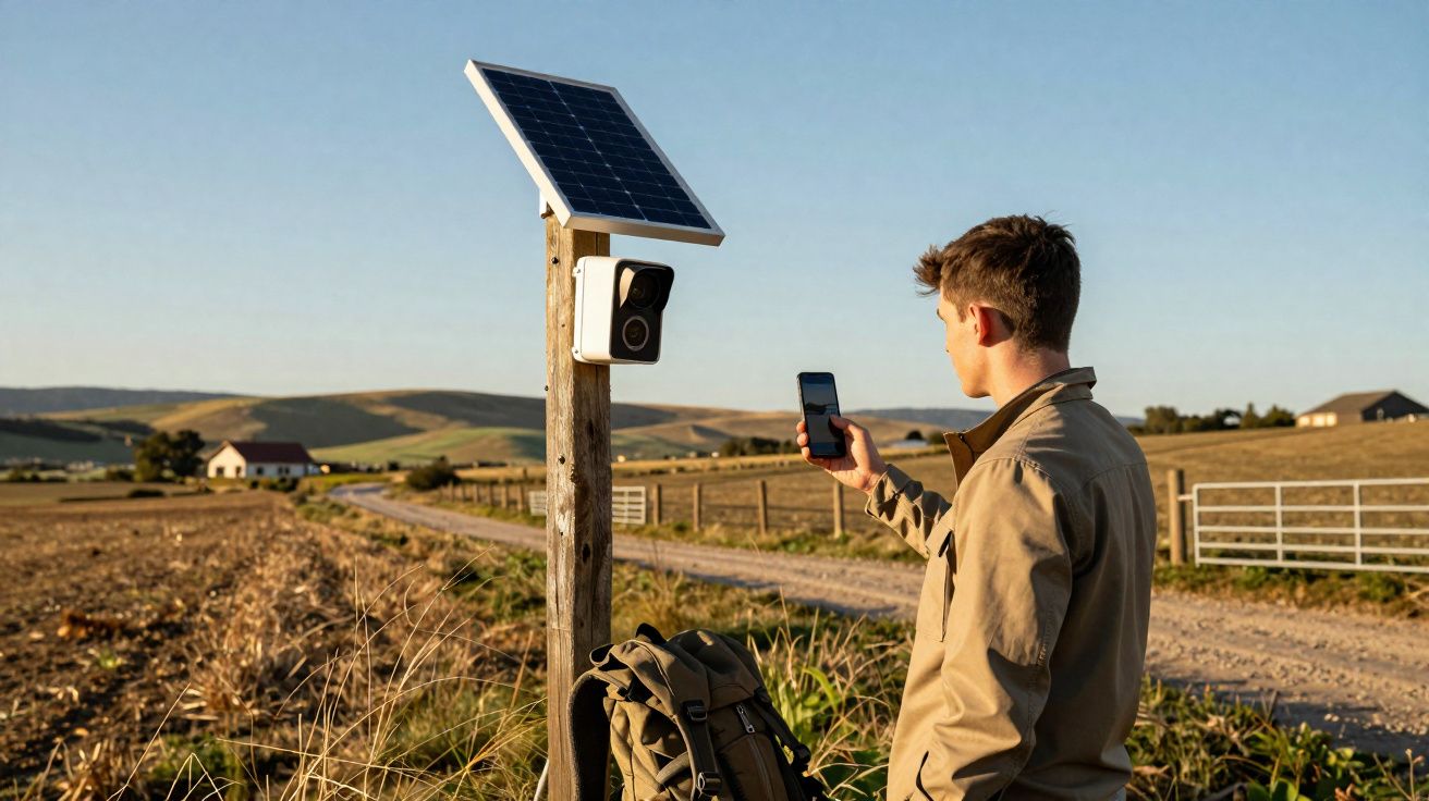 Homem usa celular próximo a câmera de segurança com placa solar em área rural ao entardecer.