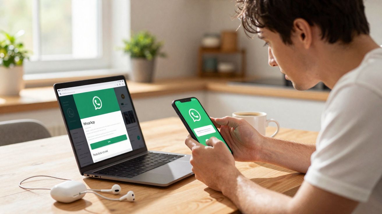 Homem usando WhatsApp no celular e notebook em mesa de madeira, com copo e fones ao lado.