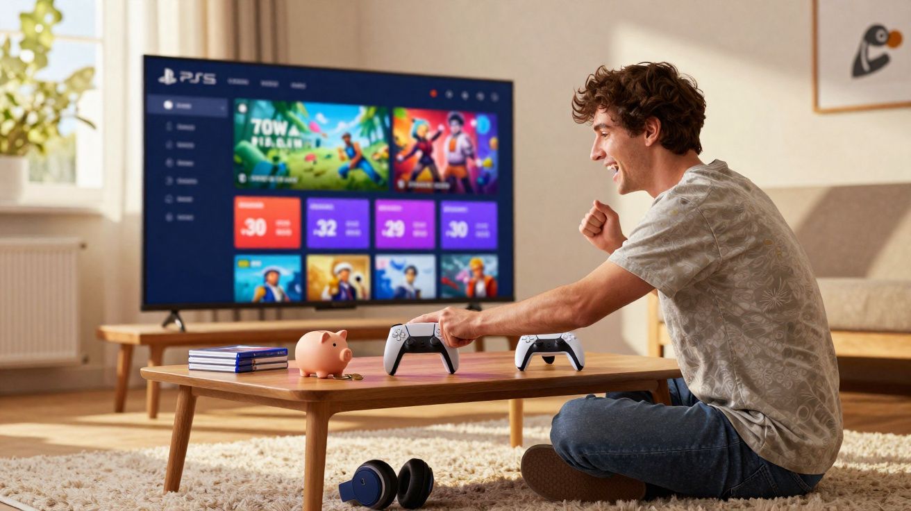 Jovem sentado no chão sorrindo enquanto usa controle e assiste jogos no PlayStation 5 na sala.