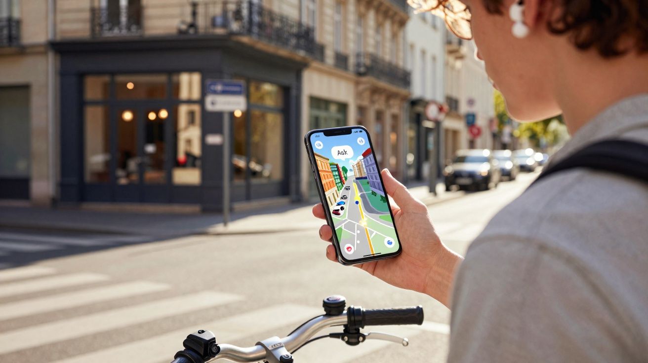 Pessoa segurando celular com aplicativo de mapa aberto ao lado de bicicleta em uma rua urbana.