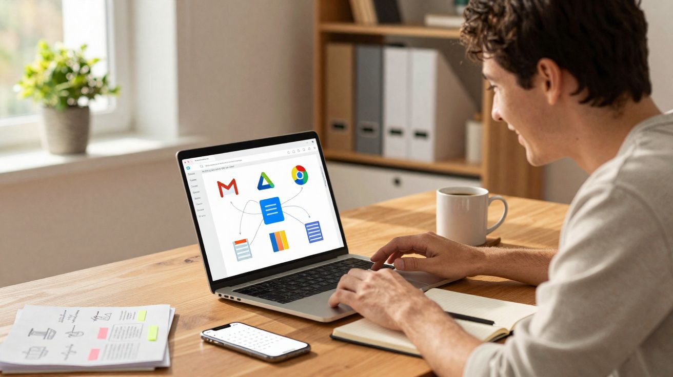 Jovem usando laptop com ícones do Google, caderno, celular e xícara em mesa de madeira.