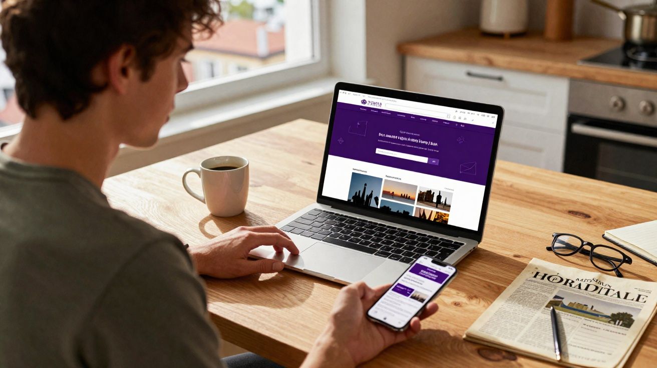 Pessoa usando laptop e celular em mesa de madeira com café, óculos e jornal em ambiente iluminado.