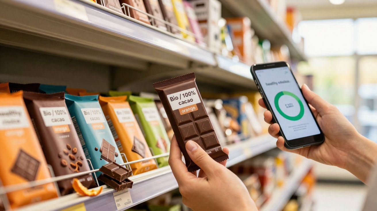 Pessoa segurando barra de chocolate orgânico e celular com aplicativo em prateleira de supermercado.