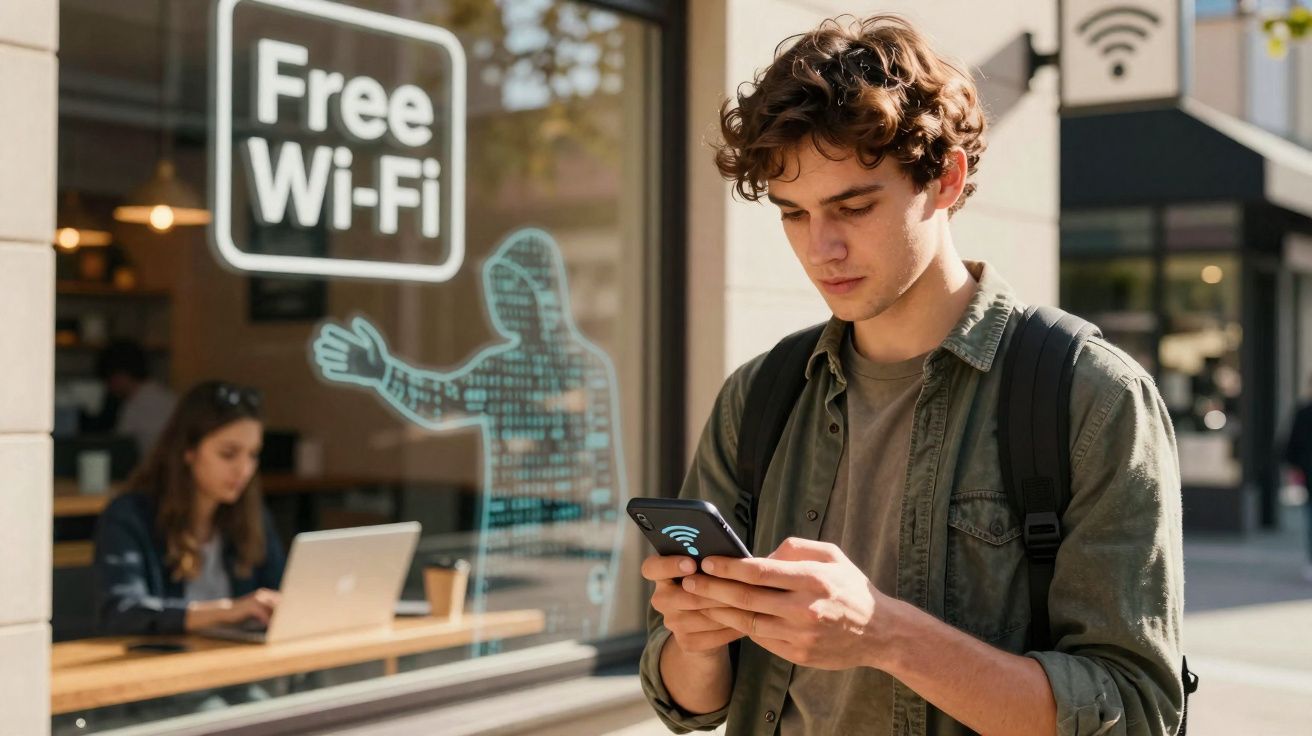 Jovem com mochila usando celular em frente a cafeteria com sinal de Wi-Fi grátis na janela.