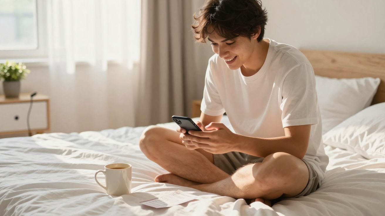 Jovem sentado na cama sorrindo enquanto usa celular, com xícara de café ao lado em ambiente iluminado.