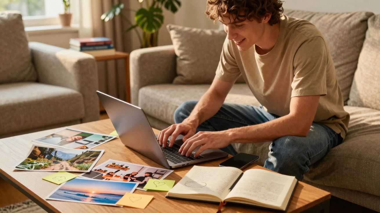 Jovem sentado no sofá usando laptop com fotos, caderno e celular sobre a mesa de madeira na sala iluminada.