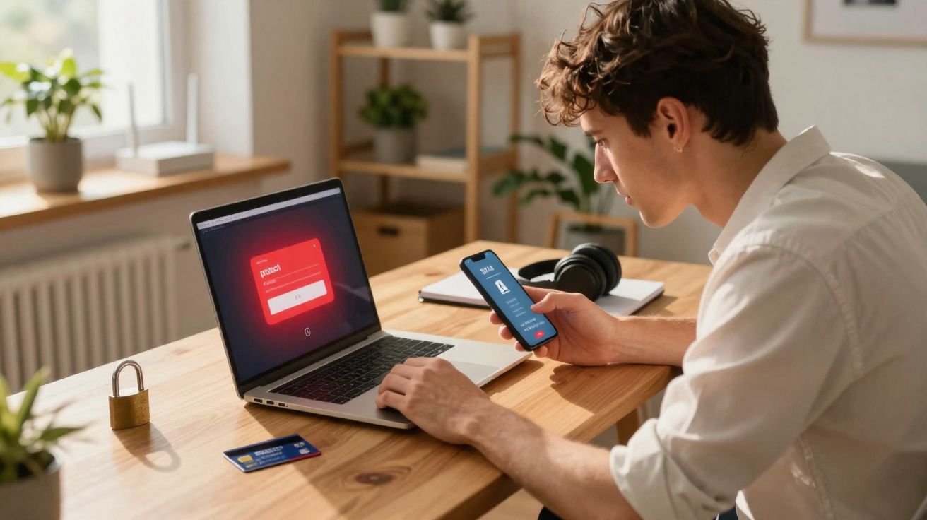 Homem em mesa com notebook e celular acessando login e senha em ambiente de escritório.