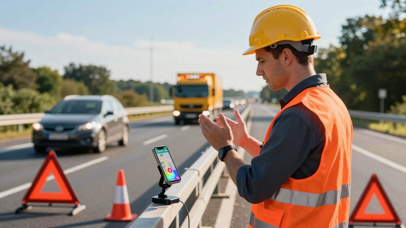 Homem com capacete e colete laranja usando smartphone em suporte na beira de estrada com cones e triângulos de sinalização.