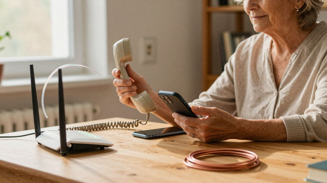 Mulher idosa sentada à mesa segurando telefone fixo e celular, com roteador perto dela.