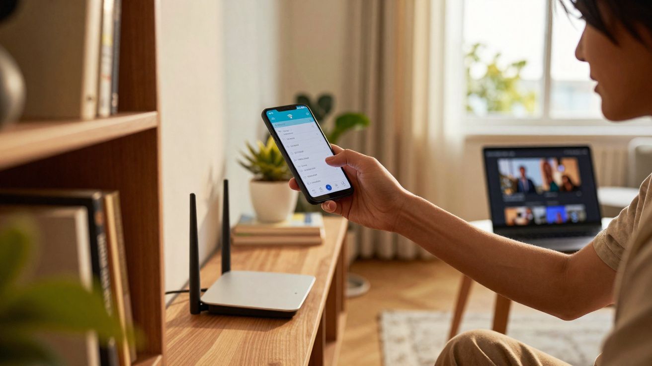 Pessoa configurando um roteador Wi-Fi usando um smartphone em um ambiente doméstico com laptop ao fundo.