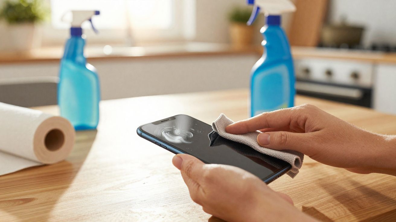 Pessoa limpando a tela de um smartphone com pano de microfibra em uma cozinha.