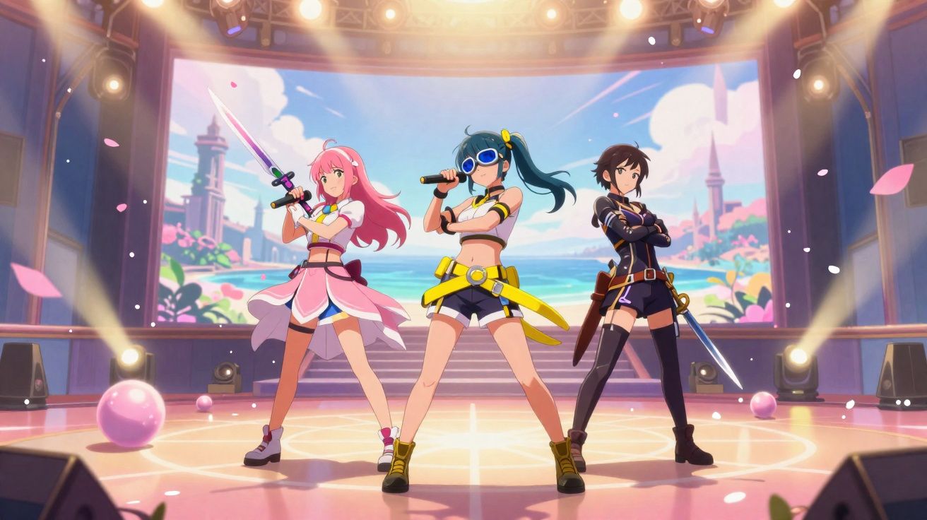 Três personagens femininas animadas em palco iluminado, com espada, microfone e cenário colorido ao fundo.