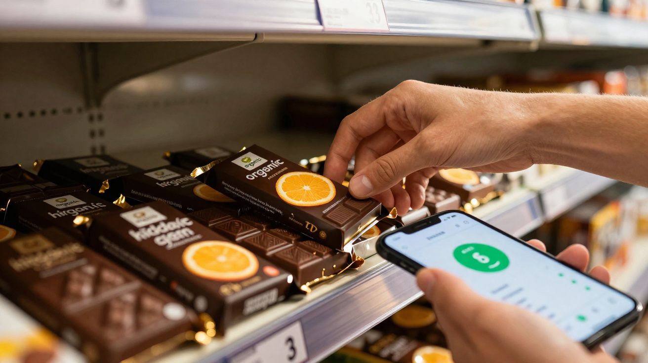 Pessoa pegando barra de chocolate orgânico sabor laranja em prateleira de supermercado, com celular na outra mão.