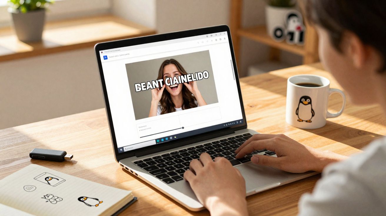 Pessoa usando laptop com meme na tela, caneca e caderno com desenhos de pinguim na mesa de madeira.