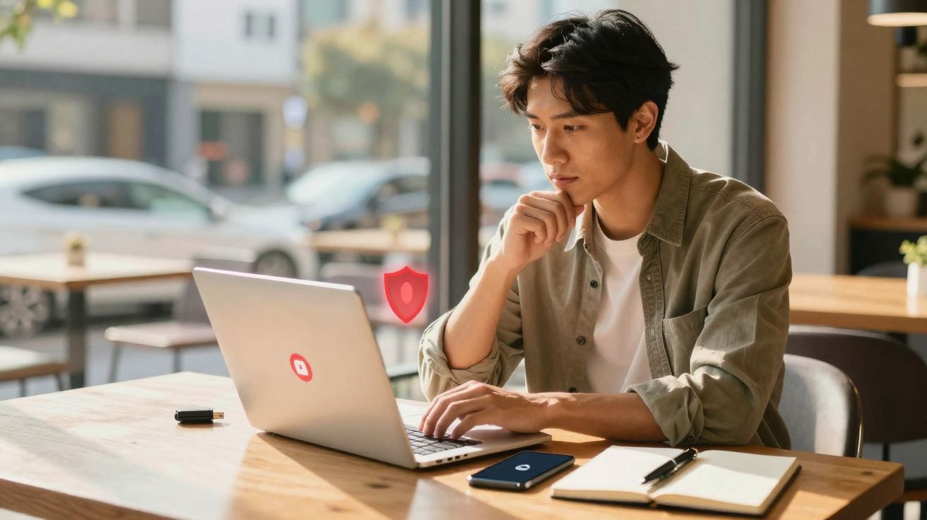 Jovem concentrado usando laptop em cafeteria com smartphone, caderno e pen drive sobre a mesa.