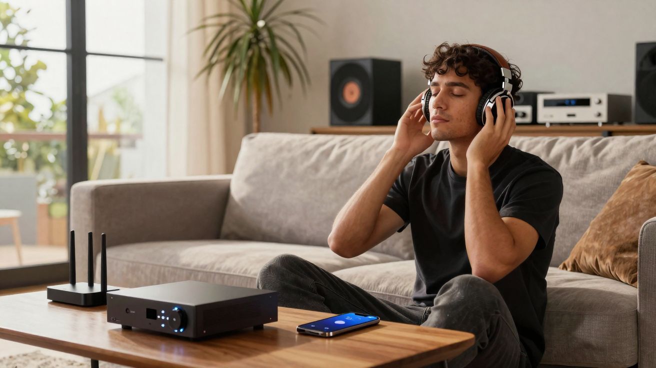Homem sentado no chão da sala com fones de ouvido, apreciando música em ambiente aconchegante.
