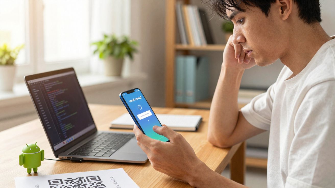 Jovem sentado à mesa usando celular, laptop com código aberto e brinquedo Android ao lado.