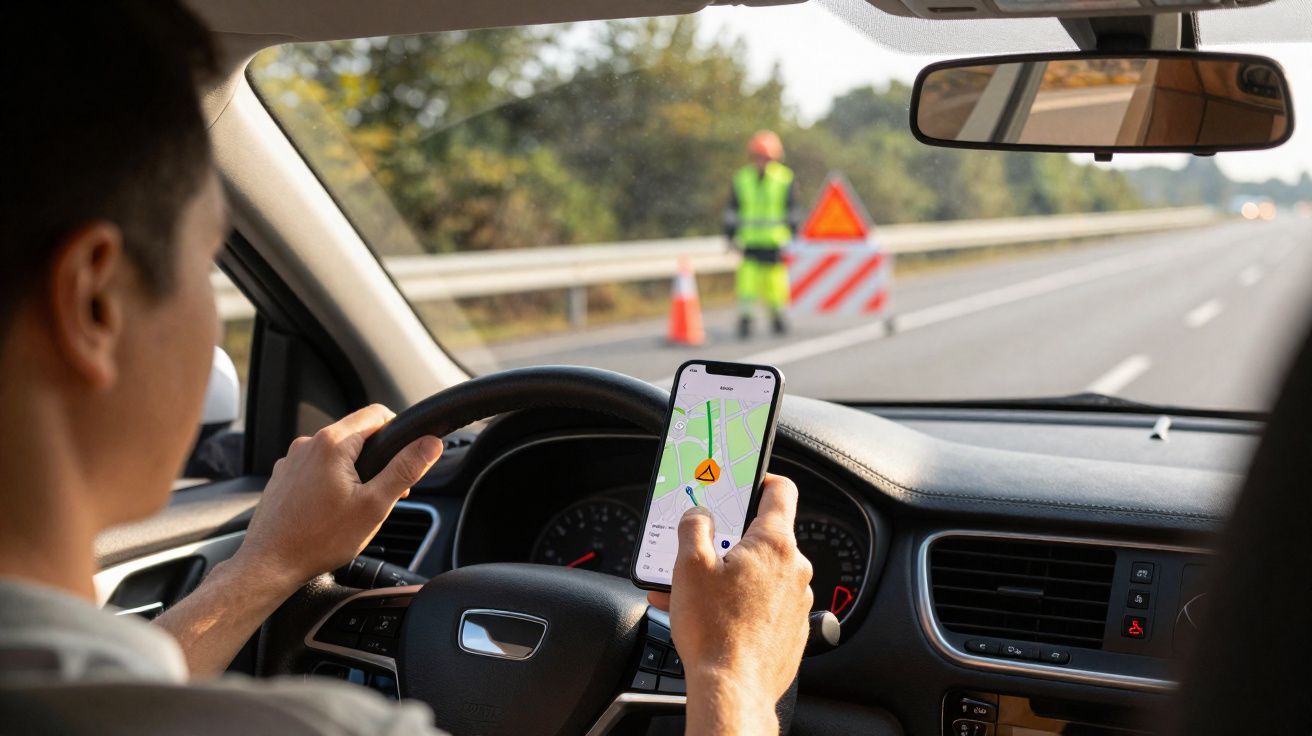Motorista usa celular com GPS alertando obra na estrada à frente com sinalização e trabalhador.