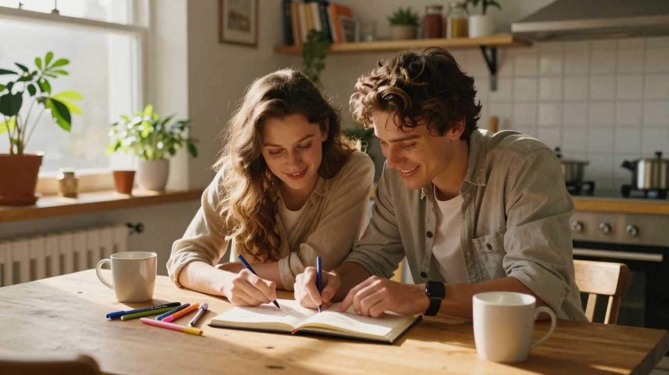 Casal jovem sorrindo enquanto escreve juntos em um caderno na cozinha iluminada pelo sol.