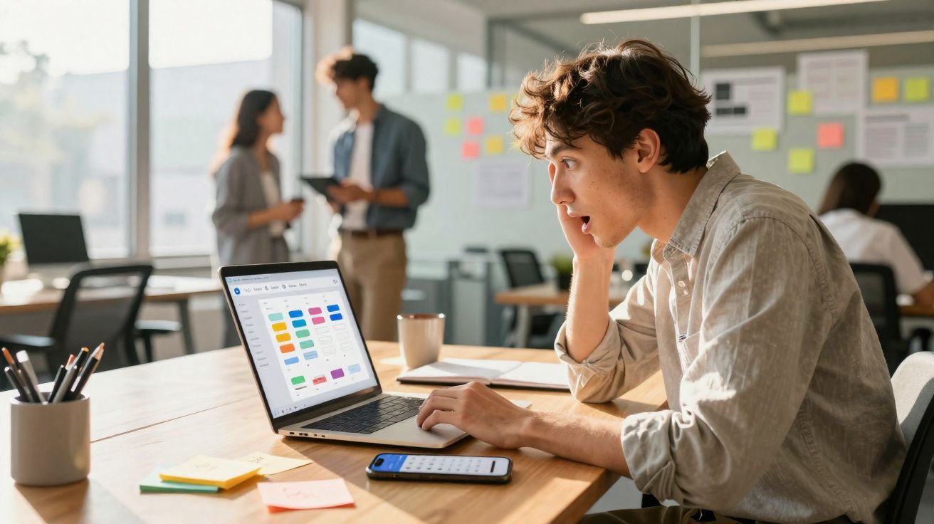Homem jovem surpreso trabalha no laptop em escritório moderno com colegas ao fundo conversando.