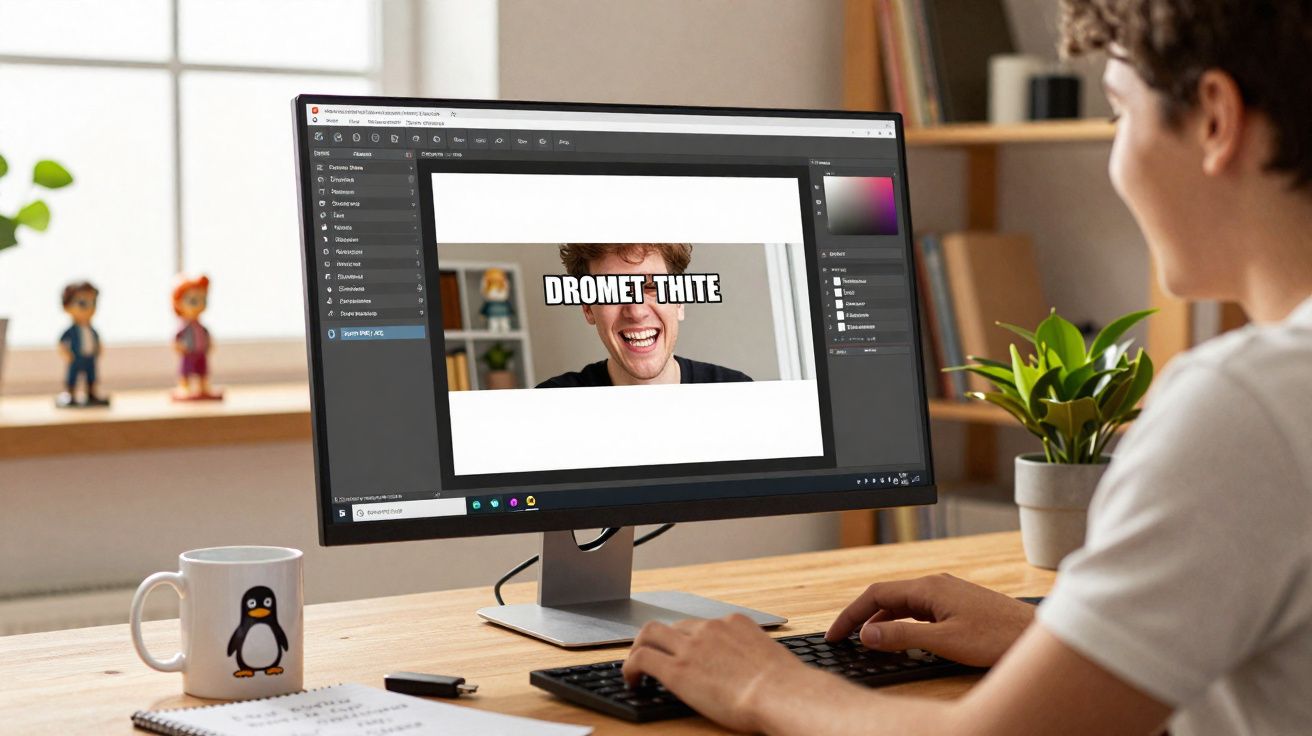 Pessoa editando meme com texto "DROMET THITE" em computador em mesa com caneca e planta.