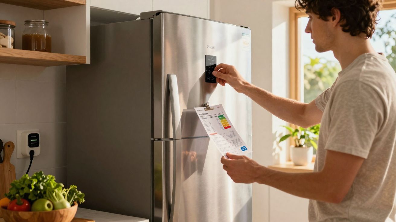 Homem usando a tela digital de uma geladeira inox em cozinha iluminada pela luz do dia.