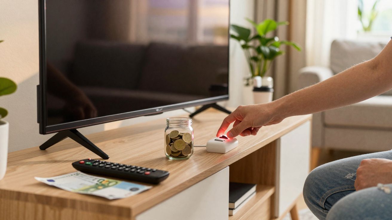 Pessoa apertando controle remoto em sala com TV, cofre de moedas e notas, e sofá ao fundo.