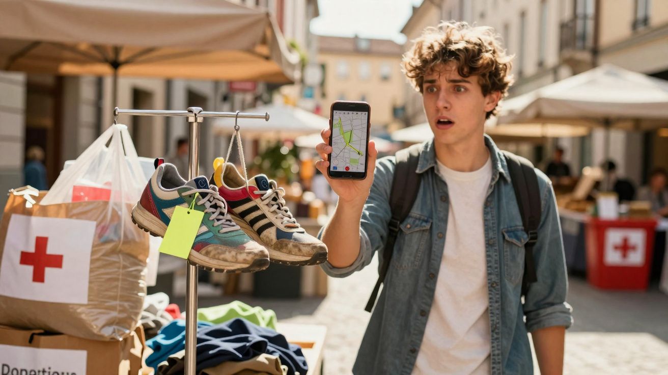 Jovem segurando celular com mapa aberto em feira ao ar livre com tênis pendurados para doação.