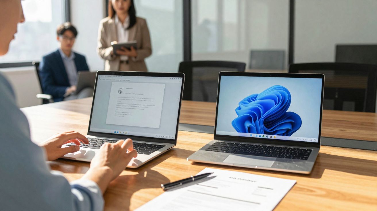 Pessoa digitando em laptop na mesa de reunião com outro laptop, documentos e duas pessoas ao fundo.