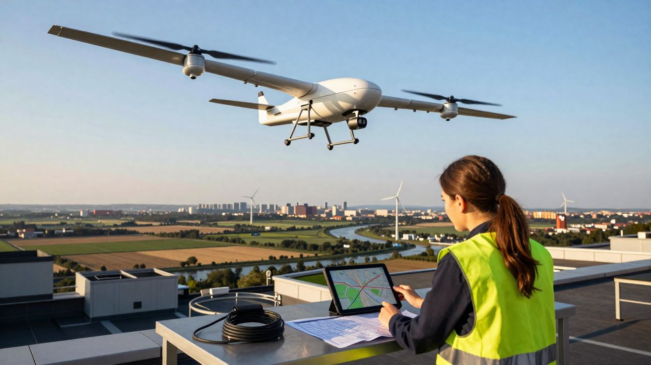 Mulher operando um drone branco com tablet em teto com vista para área urbana e turbinas eólicas.