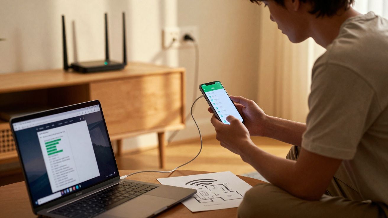 Pessoa sentada usando smartphone conectado a laptop com gráfico aberto, em ambiente interno iluminado.