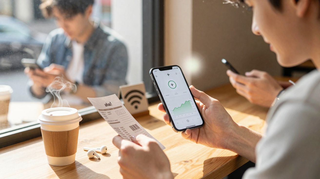 Pessoa segurando celular com gráfico de finanças e documento em café com outra pessoa ao fundo.