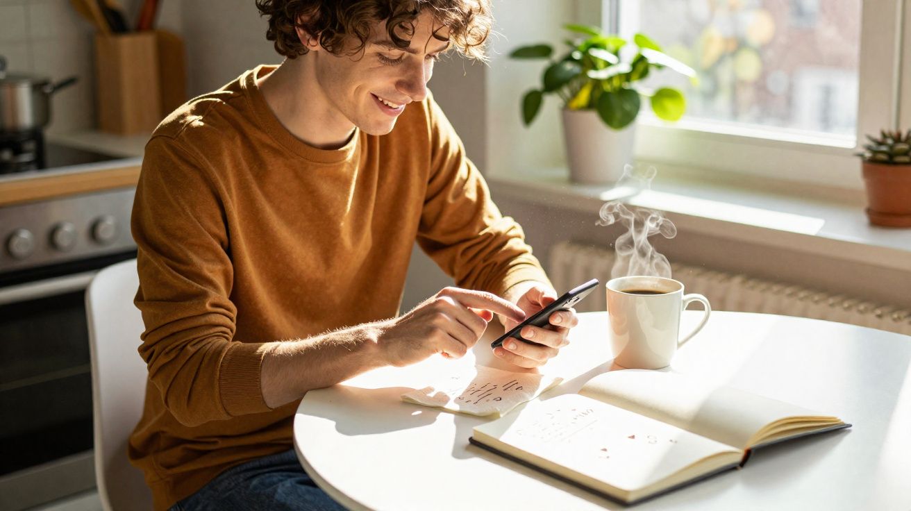 Homem sorrindo usa celular sentado à mesa com caderno aberto e xícara de café fumegante em ambiente iluminado.