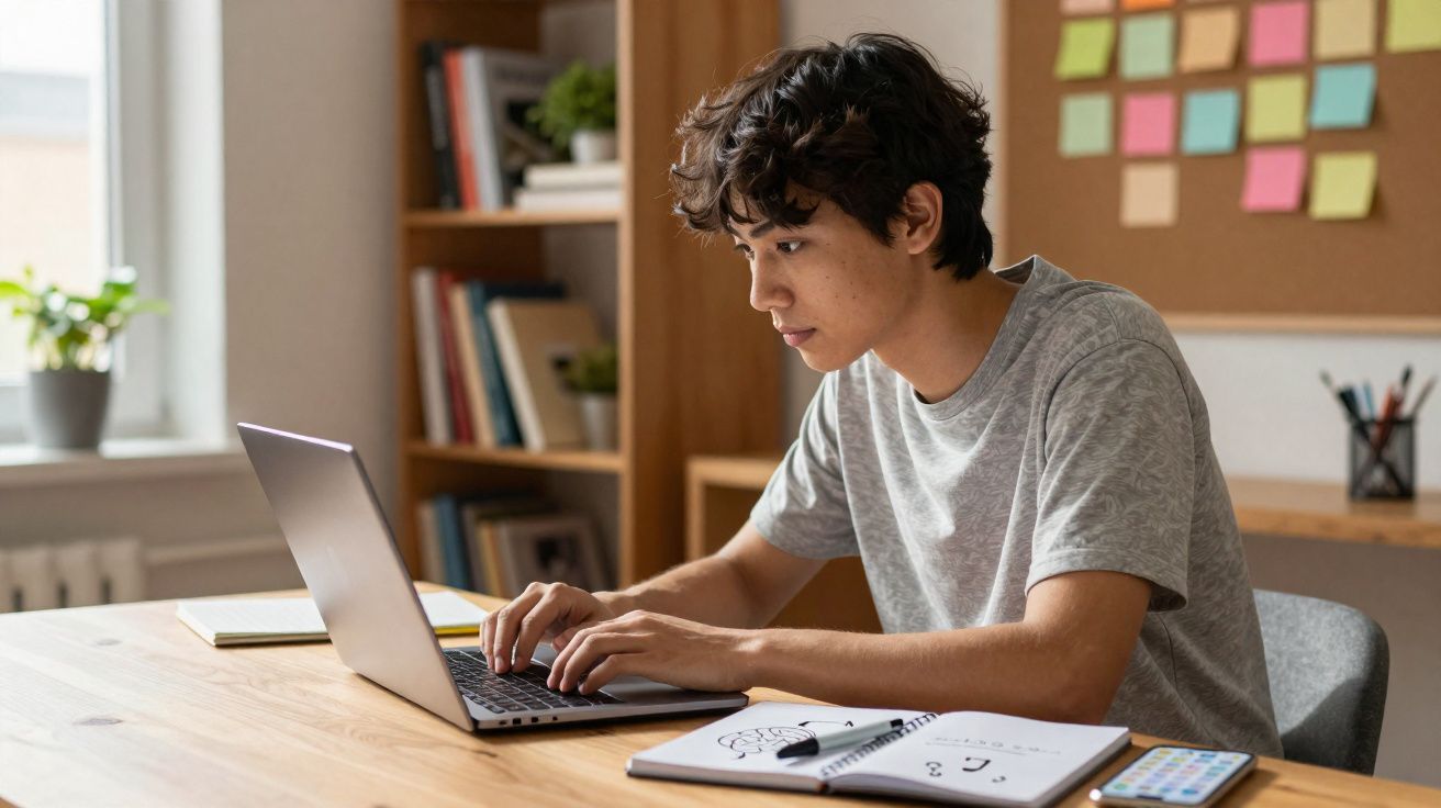 Jovem concentrado usando laptop em mesa com caderno, celular, e estante de livros ao fundo.