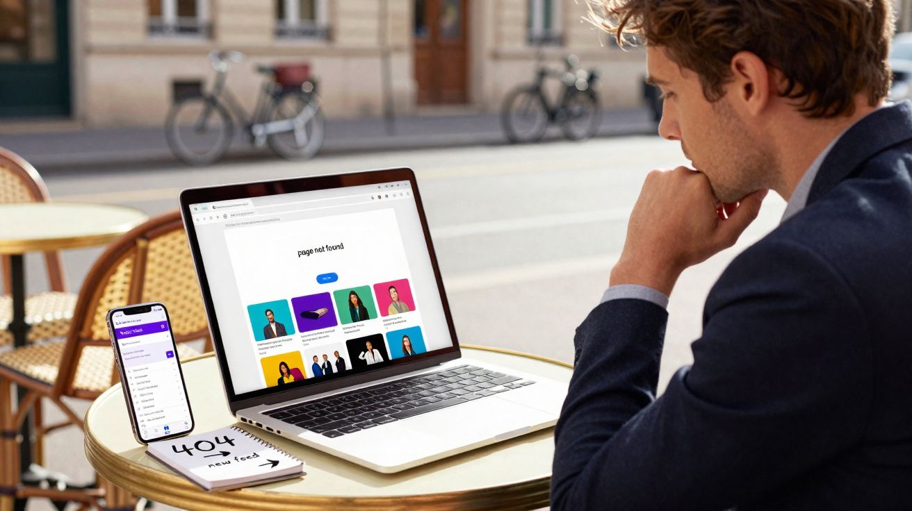 Homem olhando preocupado para notebook com página de erro em mesa de café ao ar livre.