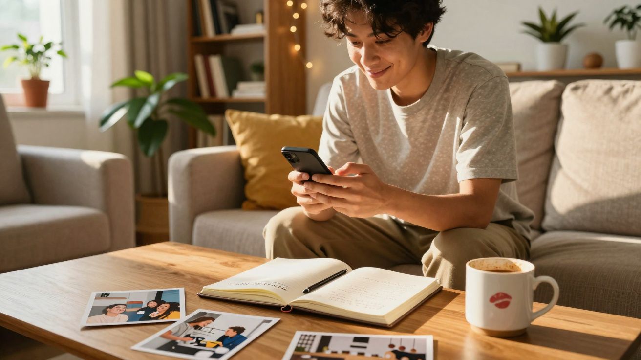 Jovem sorridente sentado no sofá usando celular, com fotos, caderno e xícara de café em mesa de madeira à frente.