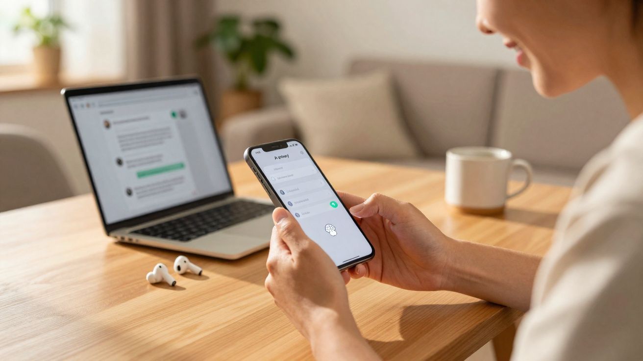 Pessoa mexendo no celular com laptop, fones de ouvido e xícara sobre mesa de madeira.