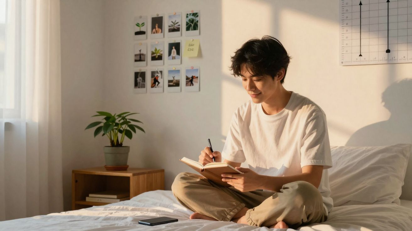 Jovem sentado na cama escrevendo em um caderno, em um quarto iluminado pela luz do sol.