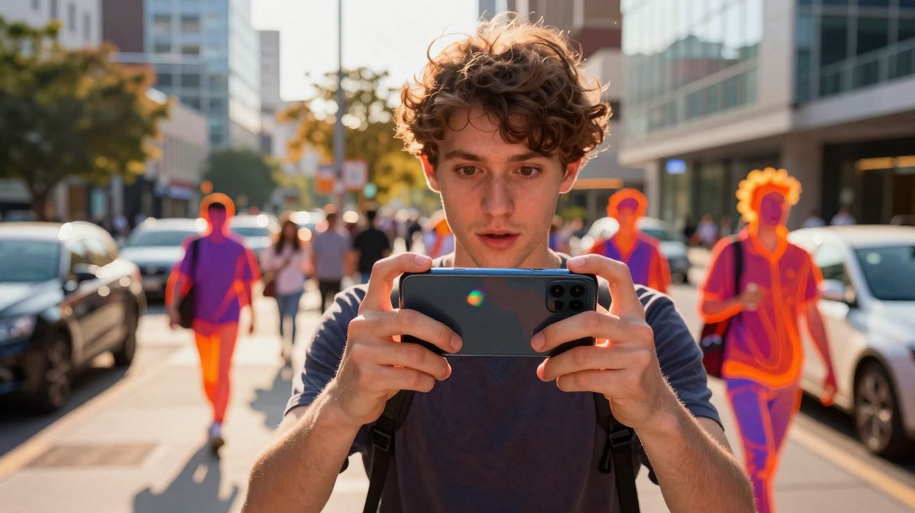 Jovem segurando smartphone na rua movimentada, com pessoas destacadas em cores vibrantes ao fundo.