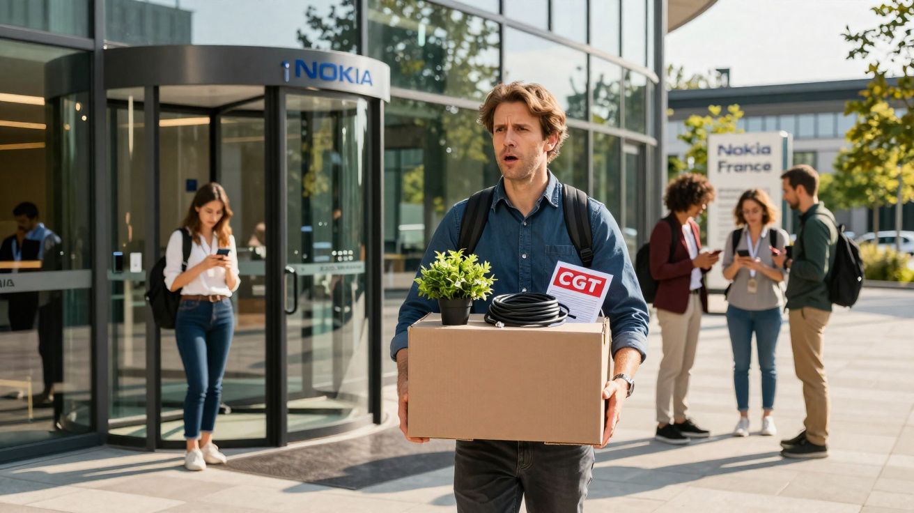 Homem sai da empresa Nokia carregando caixa com objetos pessoais, outras pessoas usam celular no fundo.