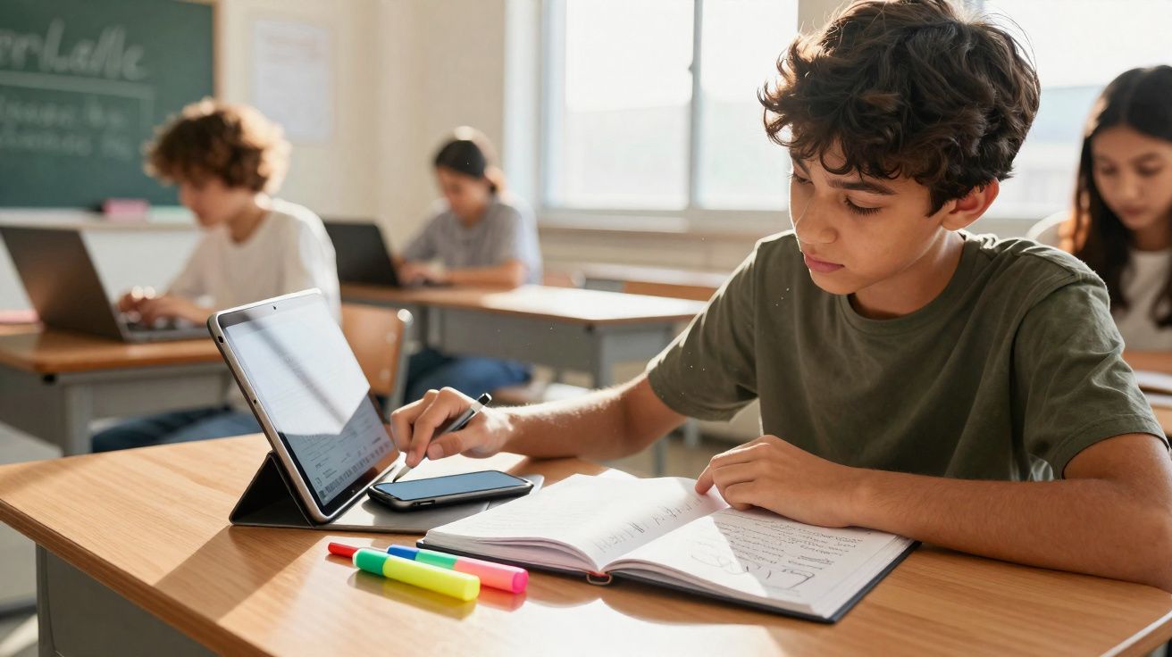 Aluno jovem usando tablet e caderno para estudo em sala de aula com outros estudantes ao fundo.