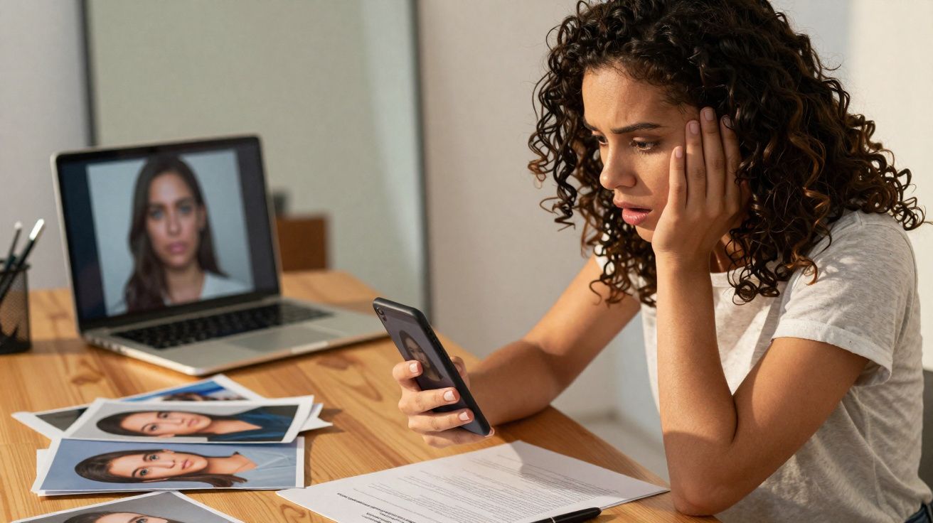 Mulher preocupada com celular em mesa com fotos e laptop durante vídeo chamada.
