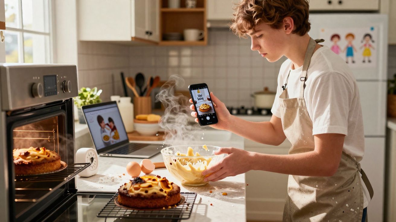 Pessoa jovem usando avental prepara bolo na cozinha enquanto consulta receita no celular com laptop aberto ao fundo.